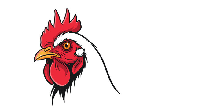 Detailed portrait of a white rooster head features a bright red comb and wattle, looking off to the side against a white background.