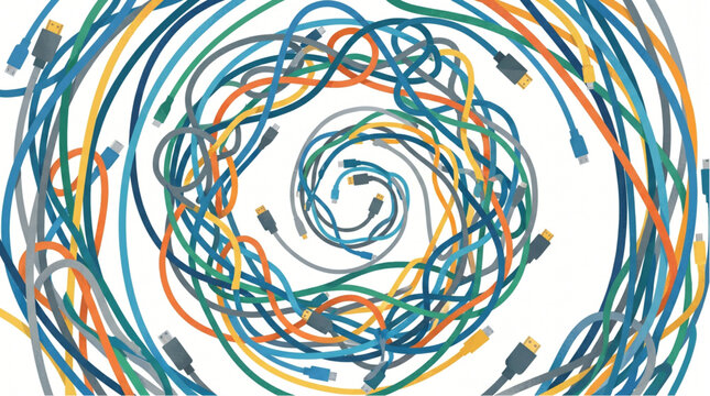 Abstract swirl of colorful network cables forming a circular pattern.