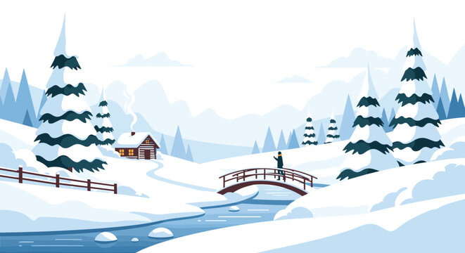 Peaceful winter landscape featuring a snow covered log cabin nestled among pine trees with a small wooden bridge crossing over a flowing stream.