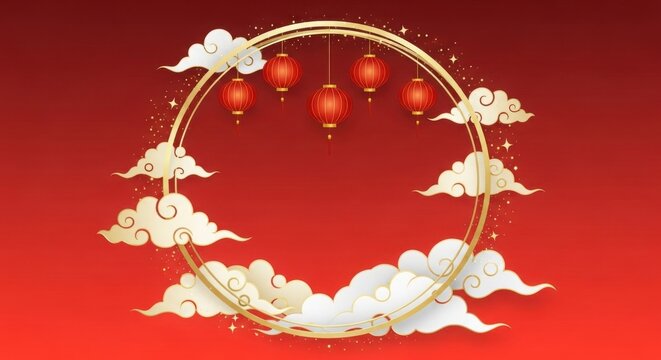 A golden circle with clouds and lanterns on a red background illustration