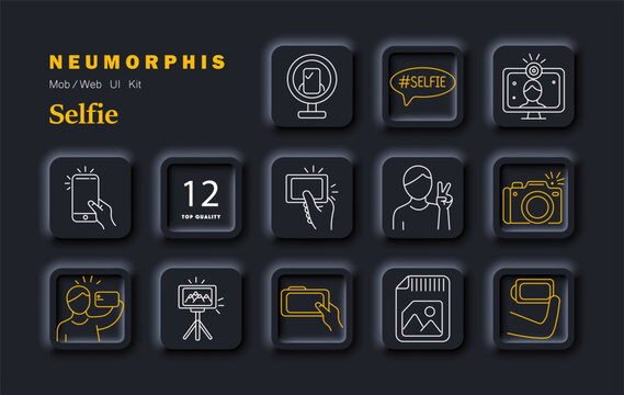 Selfie set icon. Neumorphic dark interface with outline symbols of ring light phone, hashtag selfie text, webcam portrait, smartphone tap, numeric badge, hand phone, person gesture