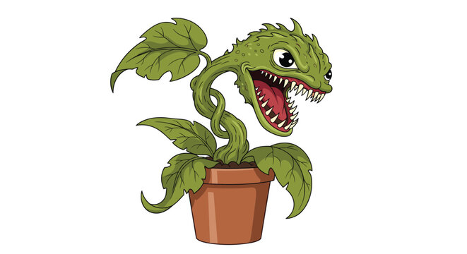 Angry venus flytrap plant with sharp teeth and large eyes sits in a clay pot while waiting to snap at its next insect prey.