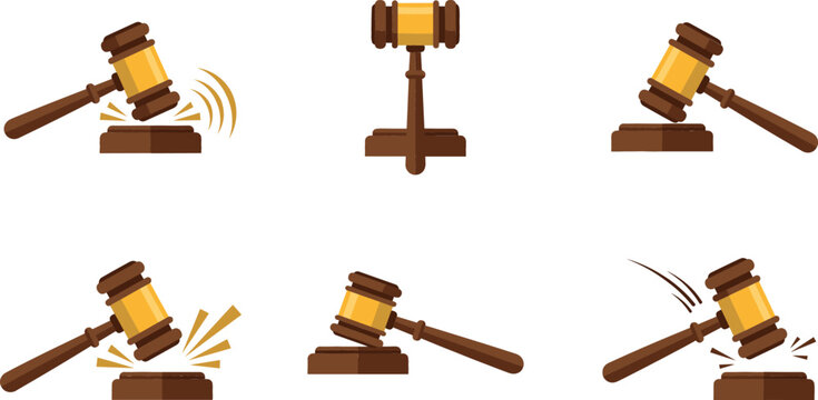 Set of judge wooden gavel icons representing law justice auction court order verdict and legal system vector design elements isolated on white background.