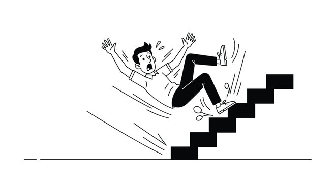 Scared man in a white shirt and black pants loses his balance and falls backwards down a flight of steep dark stairs.