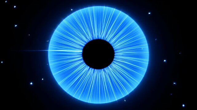 Blue Glowing Abstract Eye Circle Neon Light Background Radial Ring With Dark Center Futuristic Optical Pattern and Luminous Energy Burst Design