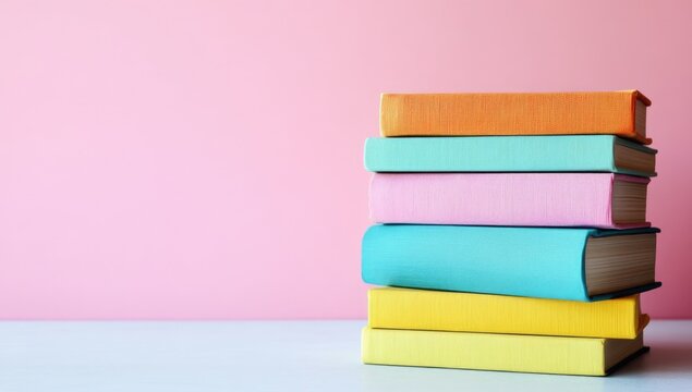 Stack of colorful books against a pink background.
