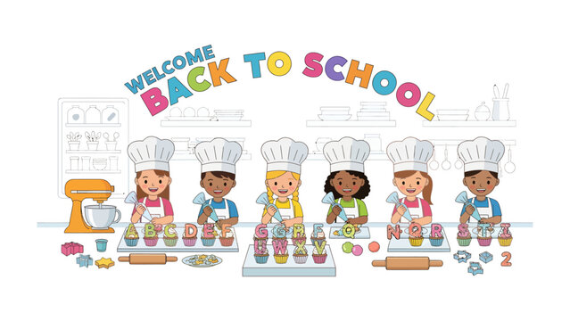 Kids Baking Class Fun: Young students donning chef hats and aprons gleefully decorate cupcakes in a bright, cheerful kitchen classroom, celebrating a fun-filled Welcome Back to School activity.