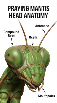 Praying mantis head anatomy infographic showing antennae compound eyes ocelli plus mouthparts for entomology education classroom poster insect visual reference isolated classroom use