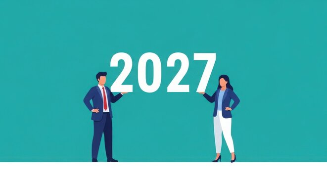 Two business people standing next to 2027 illustration