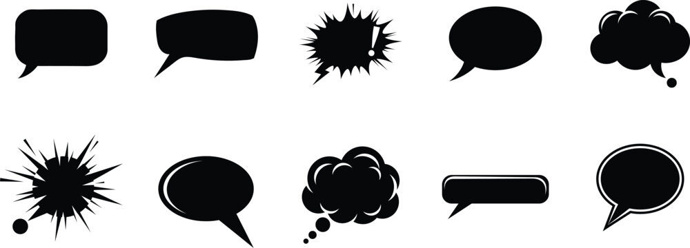 Collection of black comic book style speech bubbles and silhouette text frames