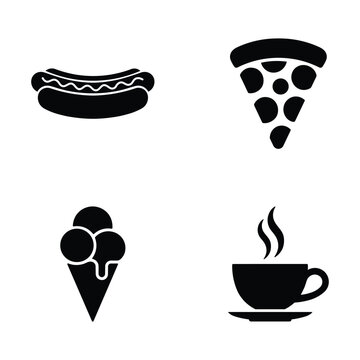 Fast food and beverage icon set with hot dog, pizza, ice cream and coffee cup symbols isolated on white background