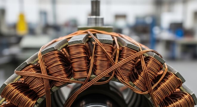 Close-up of a copper-wound electric motor stator in a workshop.