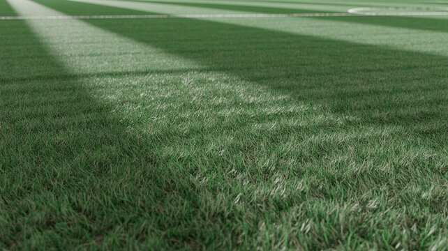 Close-up view of a well-maintained green grass field with sunlight creating