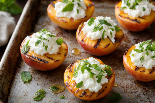 Grilled peach halves topped with creamy ricotta cheese, fresh mint, and a drizzle of honey served on a rustic metal baking sheet for a healthy summer dessert concept.