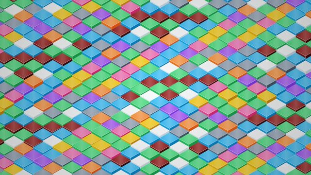 A colorful woven pattern made of small squares in various colors, arranged in a diagonal grid on a white background.