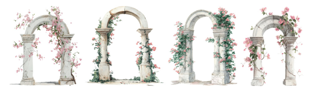 Collection of stylized watercolor archways crafted from stone, each adorned with climbing pink bougainvillea flowers and lush green vines, isolated on a white background