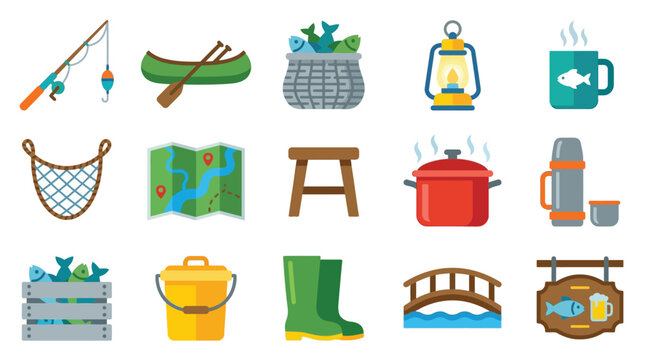 A collection of colorful flat icons representing various fishing and outdoor recreation activities and equipment.
