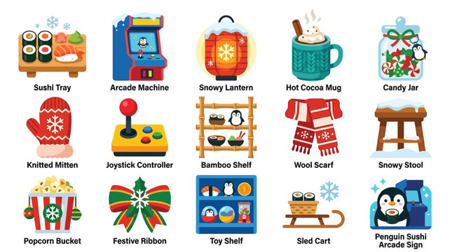 A collection of festive winter-themed icons, including food, toys, and holiday decorations, perfect for seasonal designs.