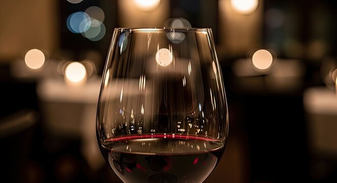 Elegant Wine Glass with Red Wine in a Dimly Lit Restaurant Setting.