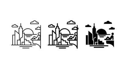 Fototapeta premium Modern Cityscape Relaxation Icons, Urban Skyline Leisure Vector Art, Minimalist Lifestyle Scenes, Business District Tranquility