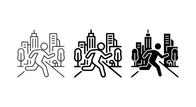 Urban Runner Icon Set, Cityscape Silhouette, Active Lifestyle Vector Graphics, Three Styles