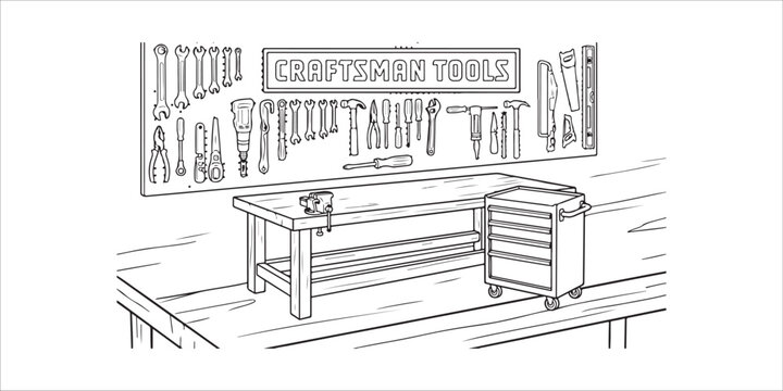 Craftsman tools and equipment on workbench in workshop or garage  tools on wall