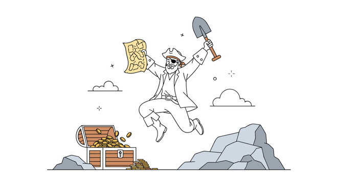 Happy pirate character with an eye patch jumping for joy after finding a treasure chest full of gold coins and holding a map.