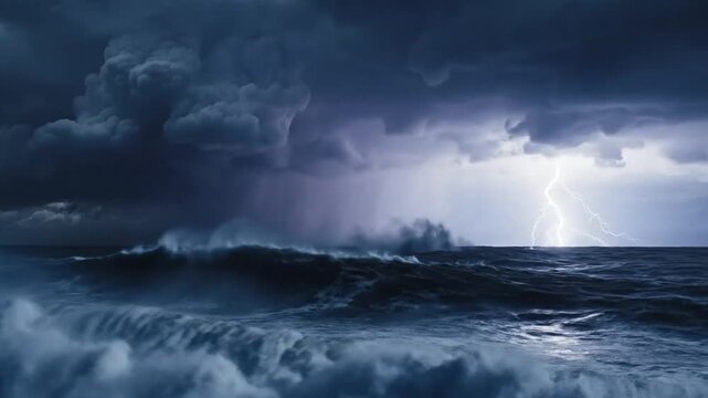 Dramatic stormy ocean waves with lightning strikes at dusk