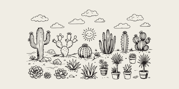 Desert landscape with various cacti and succulents in pots and soil  sunny day