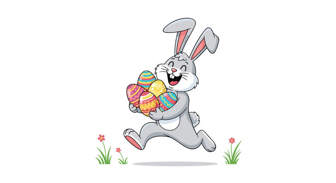 Joyful gray rabbit character running and carrying a large armful of colorful patterned Easter eggs through a grassy field.