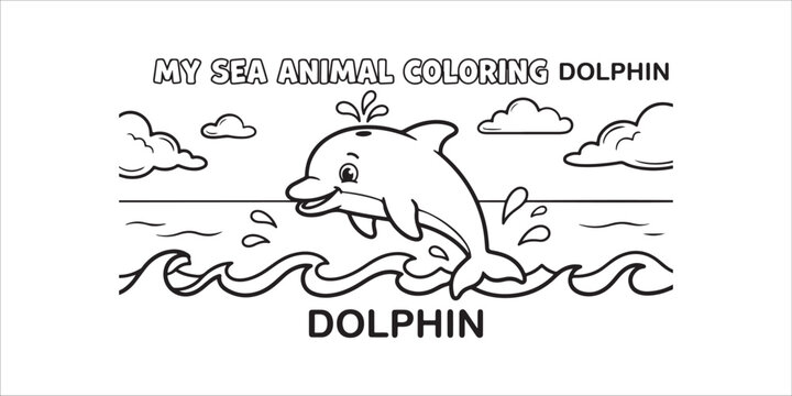 My sea animal coloring book page with a smiling dolphin jumping out of wavy ocean water