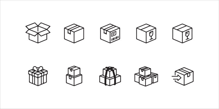 Set of cardboard boxes and gift boxes in line art style for packaging and shipping