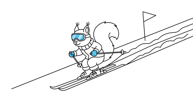 Whimsical line drawing of a squirrel wearing ski goggles and a scarf while skiing down a snowy mountain slope with flags.