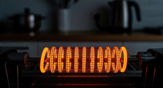 Close-up of a glowing red-hot electric heating coil in a dark setting.