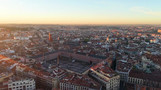 Aerial view of Plaza Mayor At Madrid. Spain. Medieval Buildings Landscape. Downtown District. Madrid At Community Of Madrid Spain. 