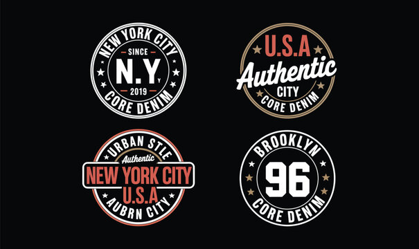 Urban denim typography collection with vector circle badges for vintage style apparel