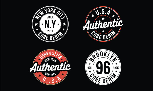 Vintage urban denim typography with vector round badges for authentic lifestyle apparel