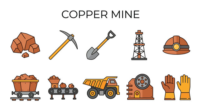 Copper Mine Equipment and Safety Symbols with Ore Tools and Heavy Machinery