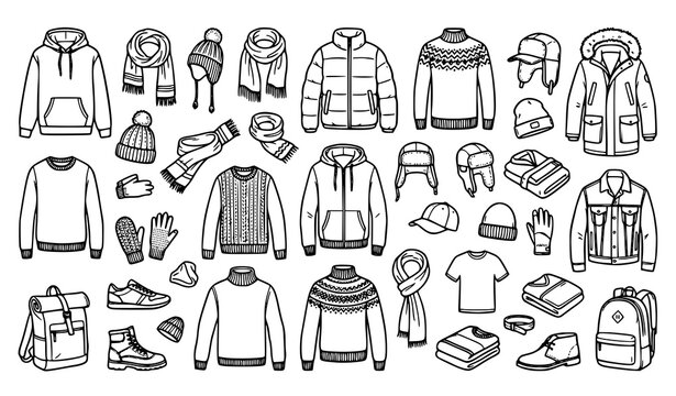 Hand drawn casual men clothing doodle icon set with winter apparel and fashion accessories vector illustration