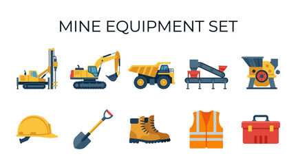 Mining Machinery and Safety Gear Collection with Drill Excavator Dump Truck Conveyor and Crusher © Ing