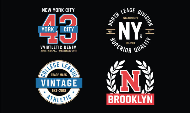 Collegiate typography patches with vector ribbon badges for vintage athletic league apparel