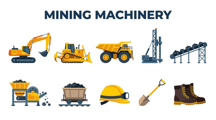 Mining Excavator Bulldozer Dump Truck Drill Rig Conveyor Crusher Cart Helmet Shovel and Work Boot Collection © Ing