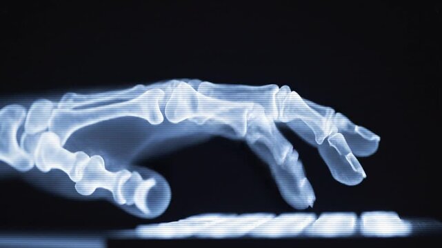 Human Hand Skeleton Xray Reaching Gesture with Detailed Finger Bone Anatomy Medical Imaging and Orthopedic Diagnostic Visualization
