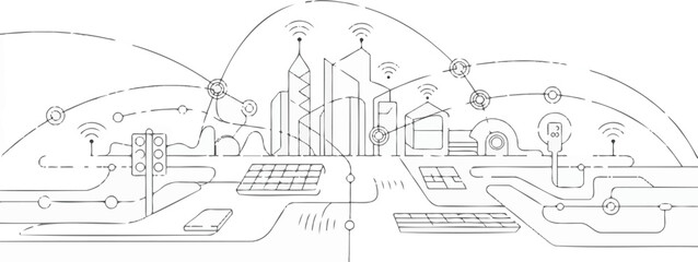 Naklejka premium Smart City Infrastructure and Digital Network Line Art Illustration