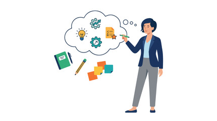 A professional woman stands thinking about business ideas, strategies, and plans represented by icons inside a large thought bubble. © Ohim