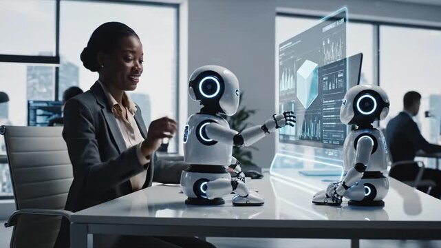 Engineer interacting with small humanoid robots in high-tech lab.