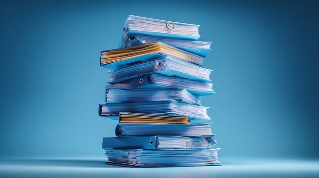 A tall stack of blue office binders and folders isolated on a blue background.
