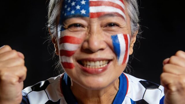 Cheering senior Asian sports fan reacting to goal, raising fists in studio, flag face paint, jersey
