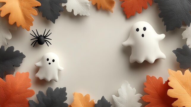 Cute Halloween decorations with ghost figurines and colorful autumn leaves on a light background.