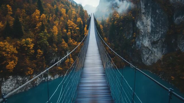 A person walks on a wooden bridge that connects two cliffs over a river while autumn colors fill the landscape